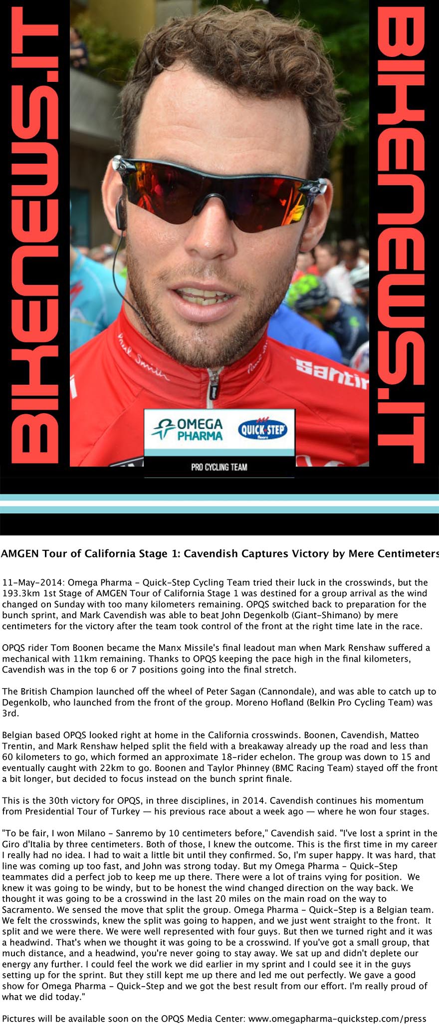 AMGEN Tour of California Stage 1 Cavendish Captures Victory by Mere Centimeters